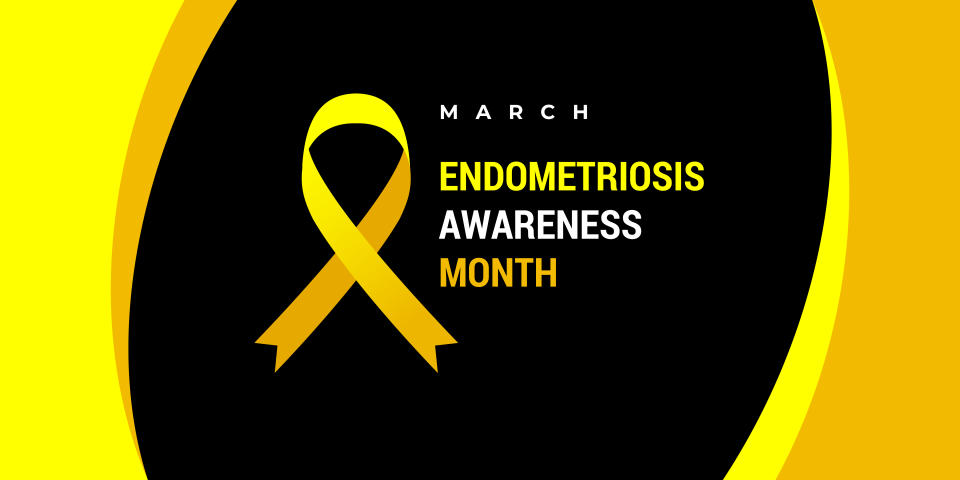 Endometriosis awareness month. Vector banner, poster, flyer, greeting card for social media with text March Endometriosis awareness month. Illustration with yellow ribbon on black background