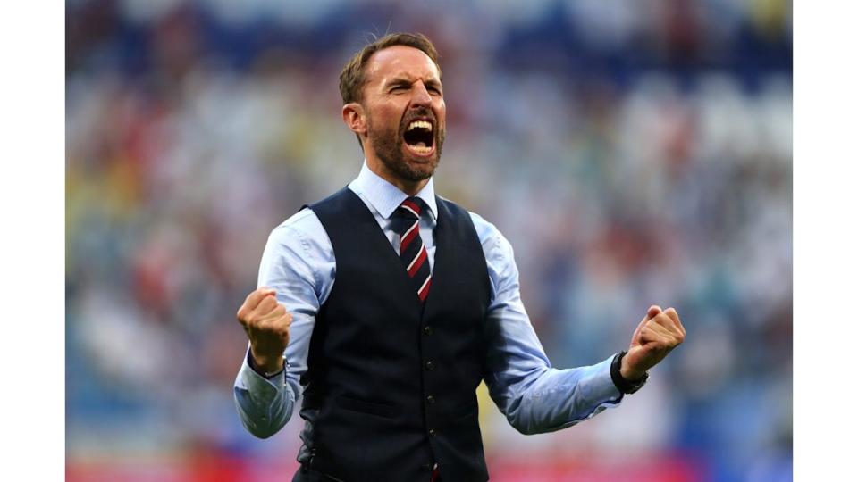 Gareth Southgate celebrates following victory in 2018