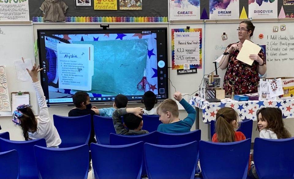 Substitute teacher Chris Ann Schultz teaches kindergartners at an elementary school in Bucks County.