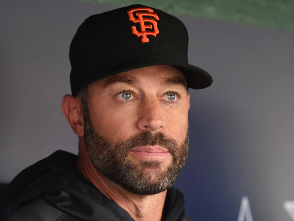 Manager Gabe Kapler #19 of the San Francisco Giants looks on before a baseball game against the Washington Nationals at the Nationals Park on April 22, 2022 in Washington, DC.