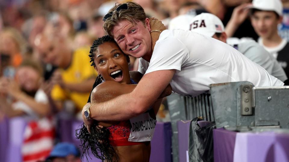 PHOTO: Tara Davis-Woodhall of Team USA celebrates winning the gold medal after competing in the women's long jump final on day 13 of the Paris 2024 Olympic Games at the Stade de France on August 8, 2024 in Paris. (Patrick Smith/Getty Images)