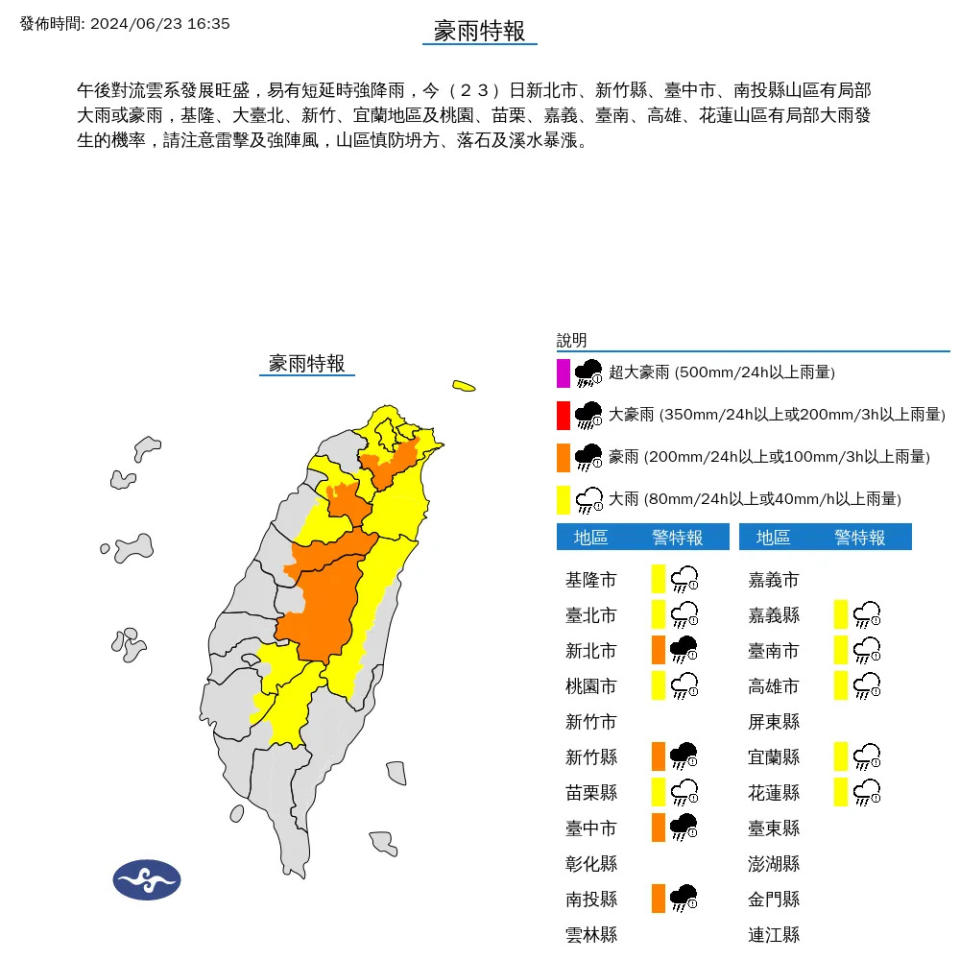 <strong>氣象署23日傍晚發布13縣市豪雨特報，由北到南皆有大雨發生機會。（圖／翻攝自中央氣象署官網）</strong>