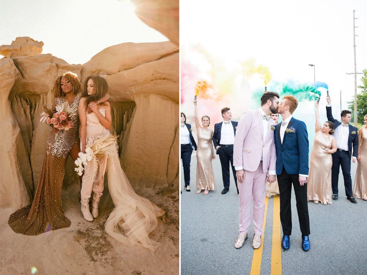 A side-by-side of brides embracing and two grooms kissing.
