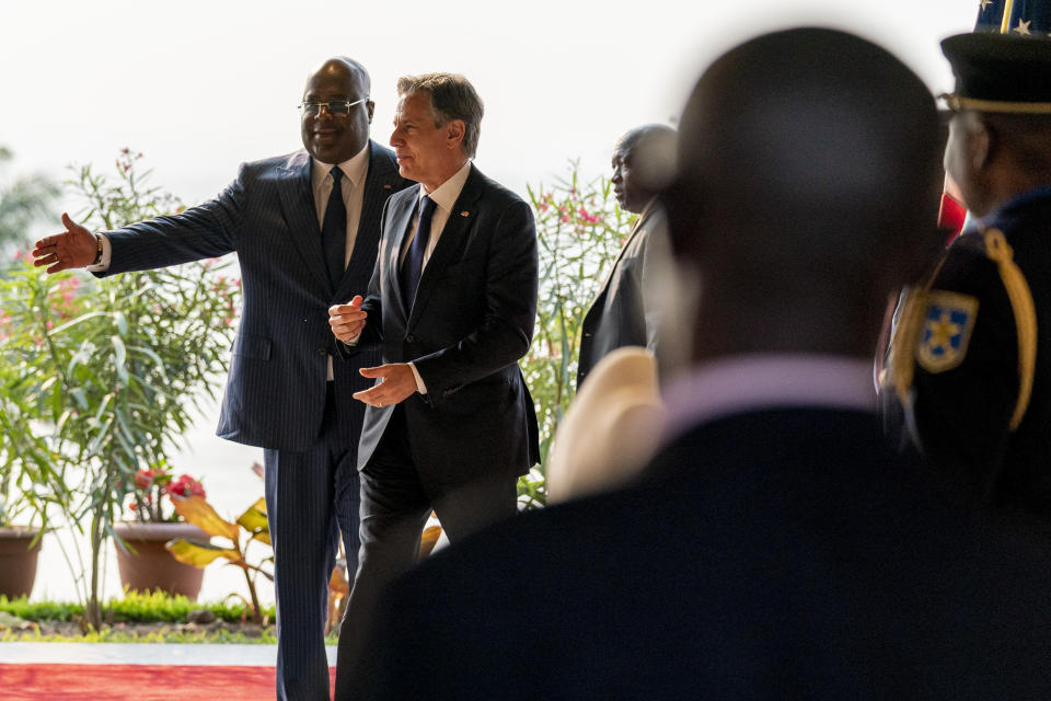 Secretary of State Antony Blinken meets with Democratic Republic of Congo's President Felix Tshisekedi at Cite de l'OUA in Kinshasa, Congo, Tuesday, Aug. 9, 2022. Blinken is on a ten day trip to Cambodia, Philippines, South Africa, Congo, and Rwanda. (AP Photo/Andrew Harnik, Pool)