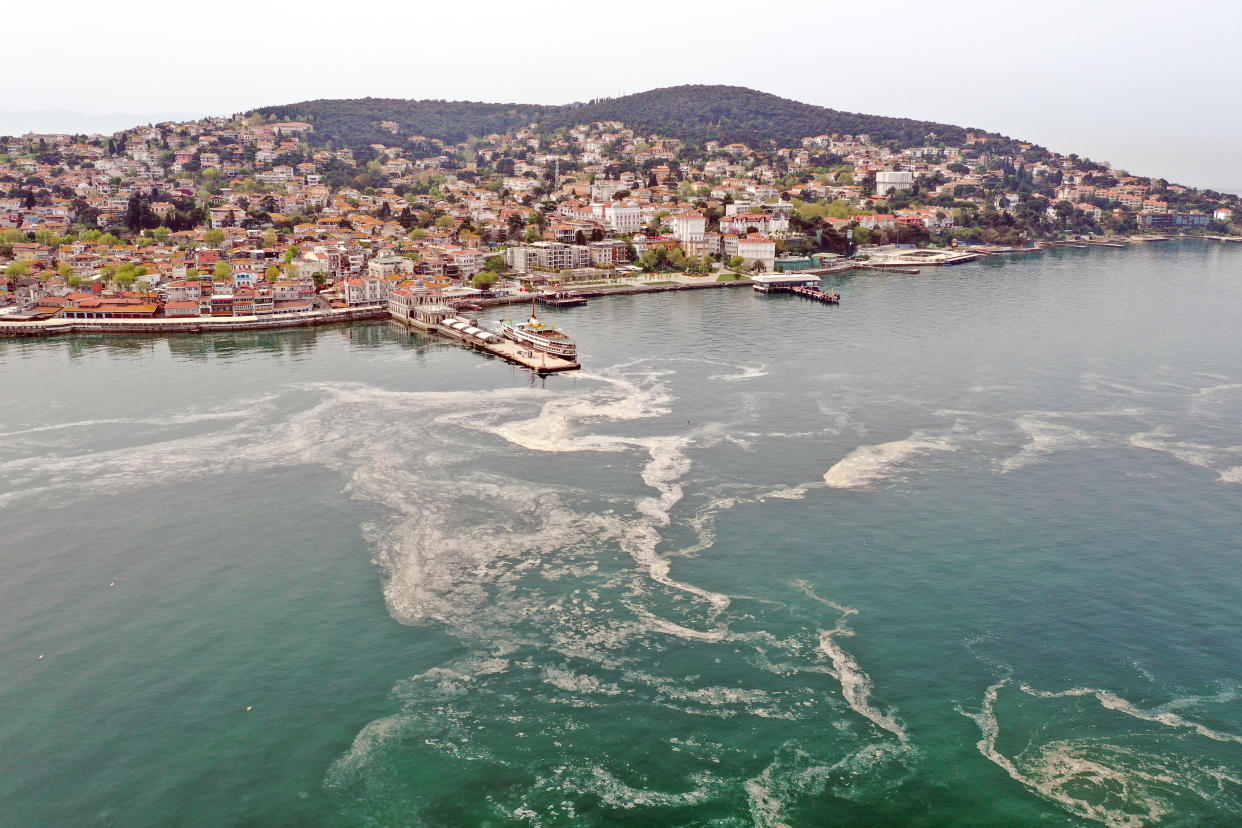 ISTANBUL, TURKEY - MAY 02: A drone photo shows an aerial view of white layer formed on the sea, caused by the sea snots near Maltepe, Kadikoy and Adalar districts of Istanbul, Turkey on May 02, 2021. (Photo by Lokman Akkaya/Anadolu Agency via Getty Images)