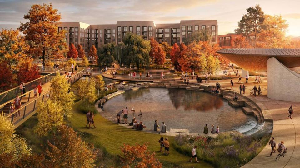 The pond in the center of the park is not only a beautiful, cascading landscape feature, but will also act as a stormwater basin and will mitigate rainwater runoff in storm events.