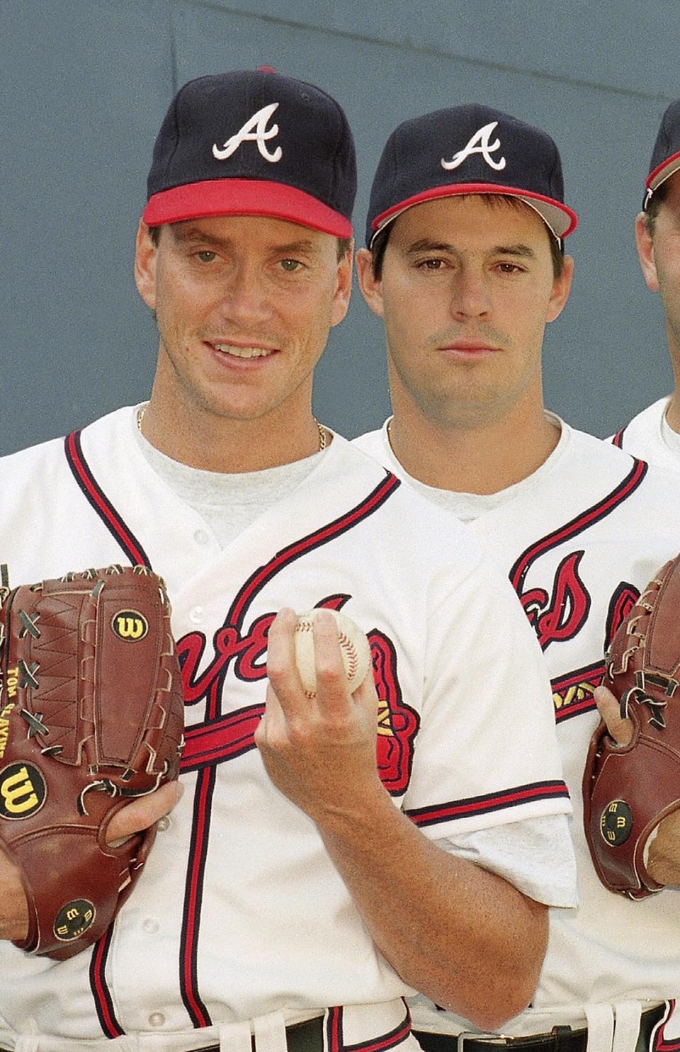 FILE - This March, 1993 file photo shows Atlanta Braves pitchers Tom Glavine, left, and Greg Maddux. Glavine and Maddux were elected to the Baseball Hall of Fame, Wednesday, Jan. 8, 2014. (AP Photo/Kathy Willens, File)