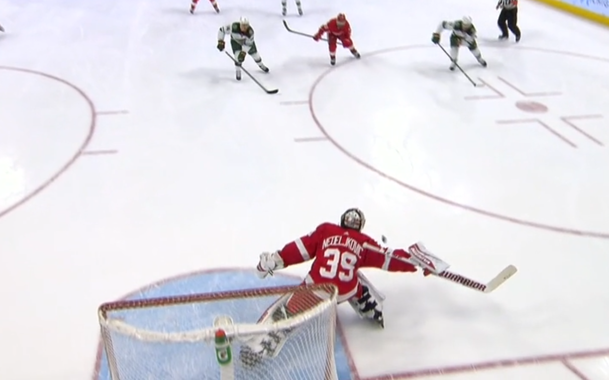 Red Wings netminder Alex Nedeljkovic somehow batted a wide, bouncing puck through his own legs for one of the weirdest (and worst) goals against we've ever seen.  (Photo via ESPN broadcast)