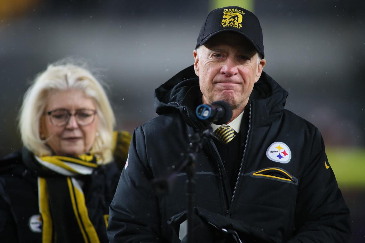 Steelers owner Art Rooney II talks at the Podium during the Franco Harris memorial that took place at halftime as the Steelers took on the Las Vegas Raiders at Acrisure Stadium in Pittsburgh, PA on December 24, 2022.