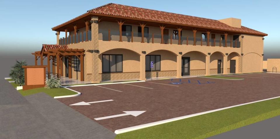 A rendering shows a new building under construction at 8120 Morro Road in Atascadero. It will house Morro Liquor, A-Town Deli and Grill and two apartments.
