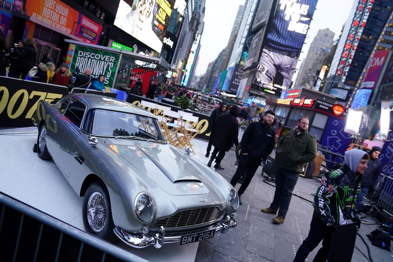 FILE PHOTO: An Aston Martin DB5 is pictured during a promotional appearance on TV in Times Square for the new James Bond movie "No Time to Die" in the Manhattan borough of New York City