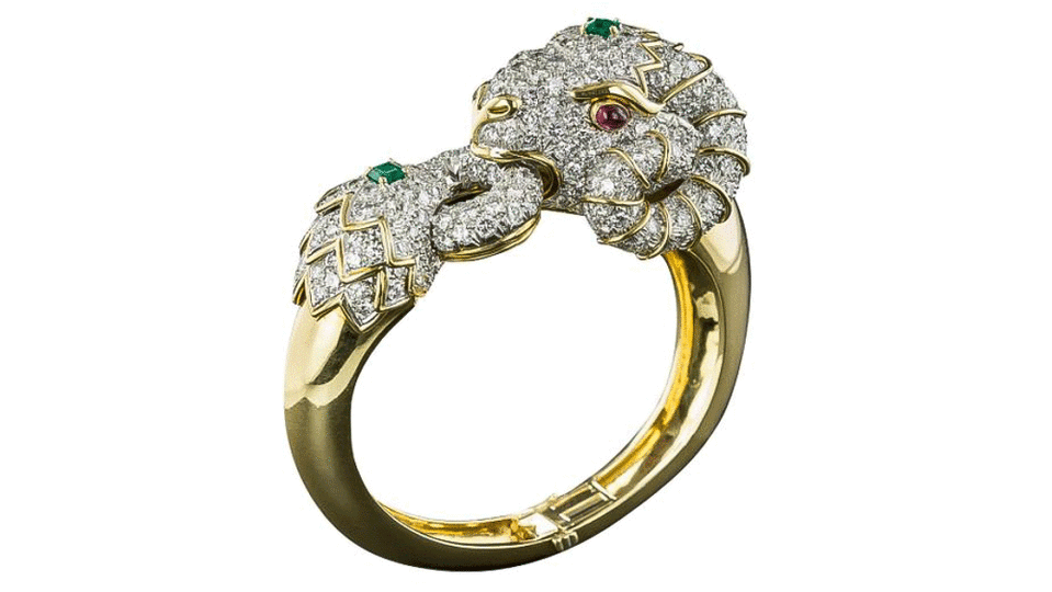 David Webb Diamond, Emerald and Ruby Rams Head Bracelet in Yellow Gold - Credit: Lang Antiques