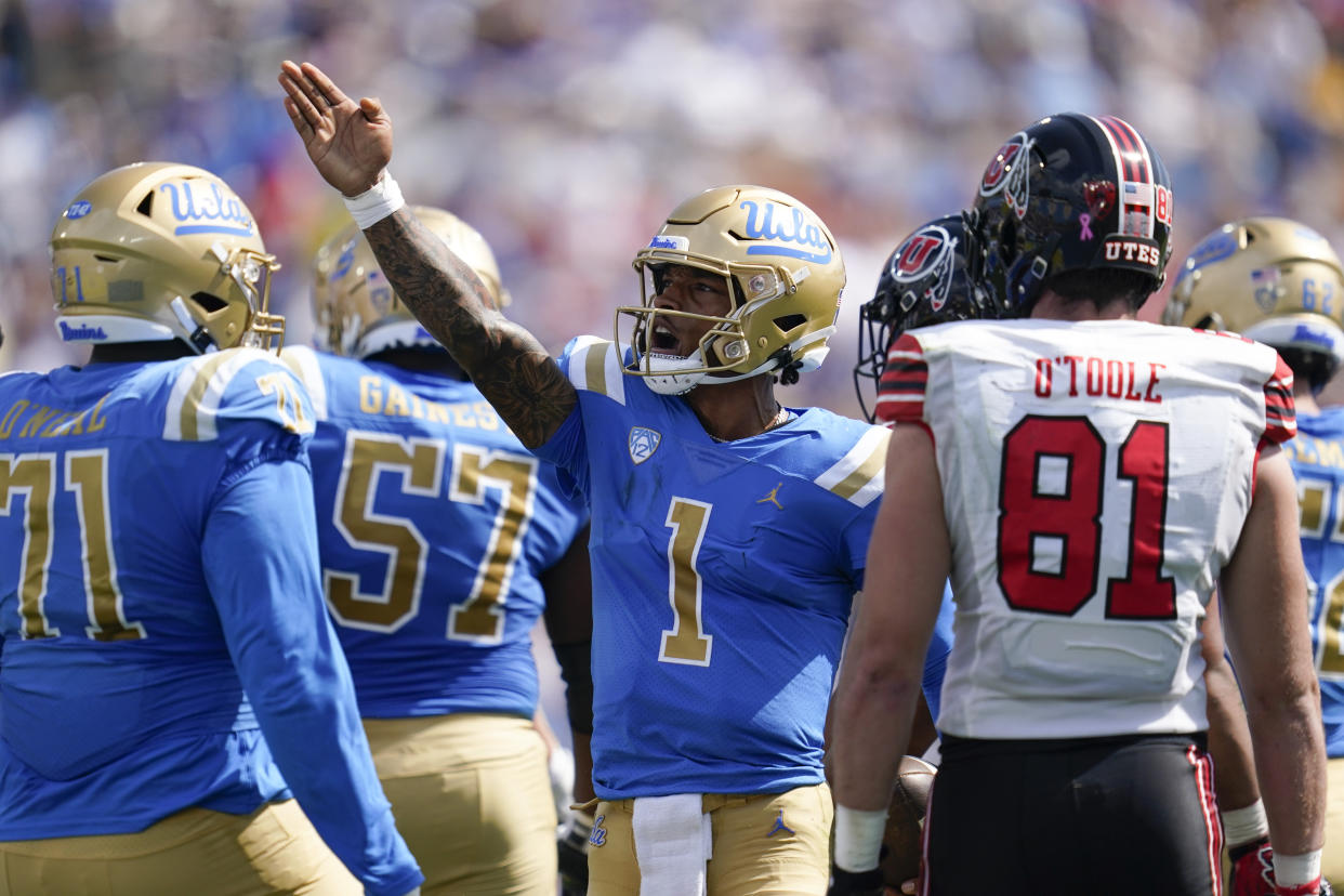 UCLA quarterback Dorian Thompson-Robinson (1) signals a first down during the first half of an NCAA college football game against Utah in Pasadena, Calif., Saturday, Oct. 8, 2022. (AP Photo/Ashley Landis)
