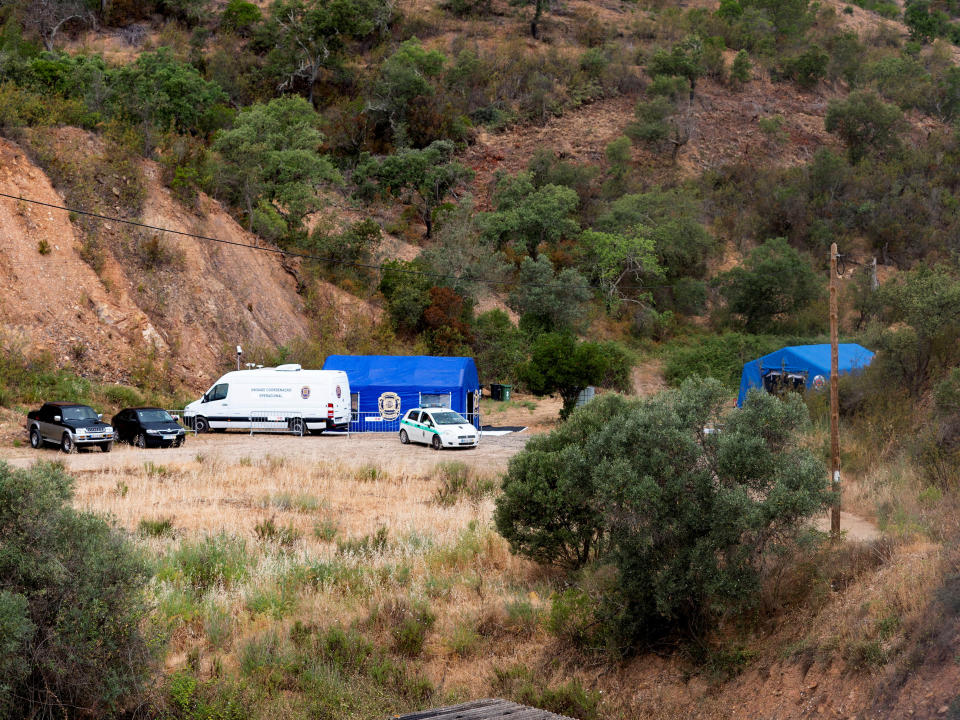 Vehicles and tents of Portugal's investigative Judicial Police are seen at the site of a remote reservoir where a new search for the body of Madeleine McCann is set to take place, in Silves, Portugal, in this screen grab from a video, May 22, 2023. REUTERS/Luis Ferreira