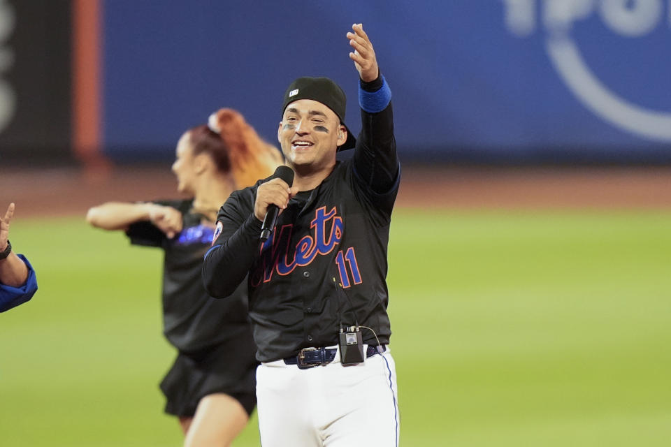 Jose Iglesias of the New York Mets performs after a baseball game between the Mets and the Houston Astros, Friday, June 28, 2024, in New York. The Mets won 7-2. (AP Photo/Frank Franklin II)