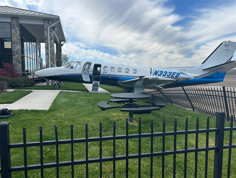 A private jet stopped just feet from an airport terminal in Tennessee after its brakes failed on Wednesday morning. (Jon Glass/Tullahoma Municipal Airport)