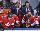 Sep 27, 2016; Toronto, Ontario, Canada; Team Canada head coach Mike Babcock (back left) talks with assistant coach Barry Trotz during the second period in game one of the World Cup of Hockey final at Air Canada Centre. Mandatory Credit: Dan Hamilton-USA TODAY Sports