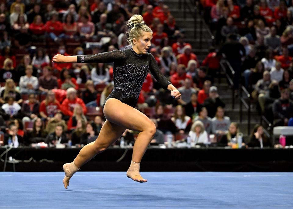 Utah State’s Marley Peterson, begins a tumbling run during her floor routine as BYU, Utah, SUU and Utah State meet in the Rio Tinto Best of Utah Gymnastics competition at the Maverick Center in West Valley City on Monday, Jan. 15, 2024. | Scott G Winterton, Deseret News