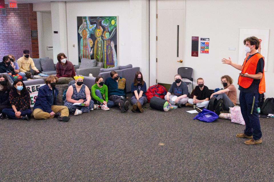 Willamette University students go over procedures as they plan to occupy.