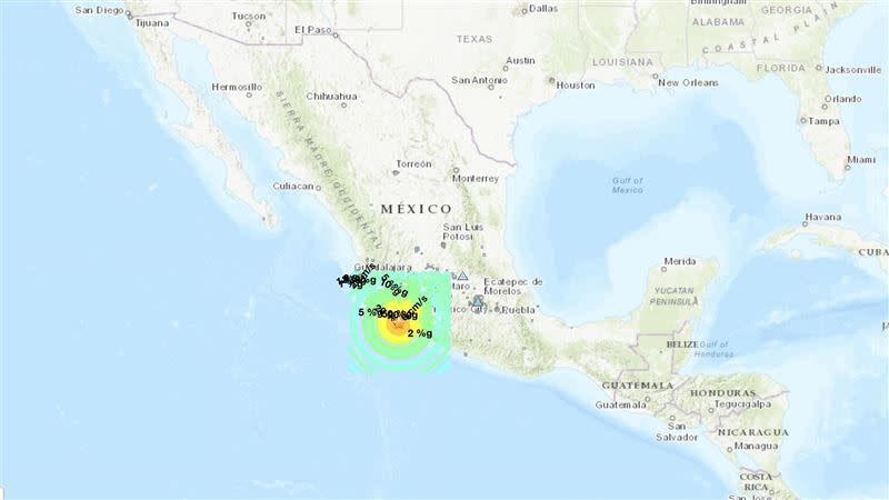 墨西哥沿海地區發生規模7.6強震。（圖／翻攝自美國地質調查所USGS）