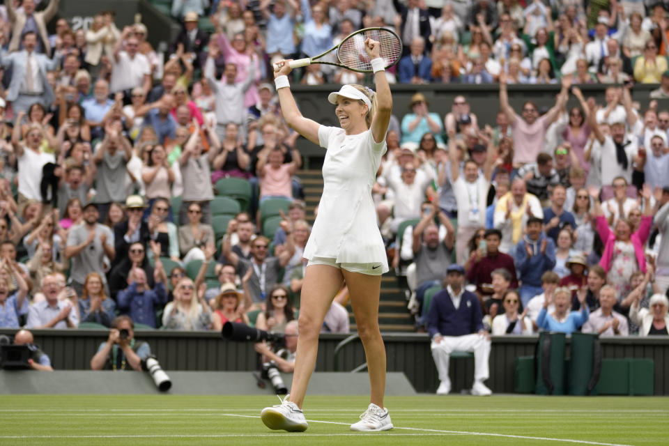 Britain's Katie Boulter celebrates after beating Karolina Pliskova of the Czech Republic in a second round women's singles match on day four of the Wimbledon tennis championships in London, Thursday, June 30, 2022. (AP Photo/Kirsty Wigglesworth)