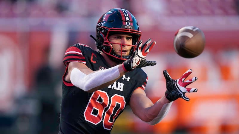 Utah tight end Brant Kuithe catches a pass before start game against San Diego State, Sept. 17, 2022, in Salt Lake City.