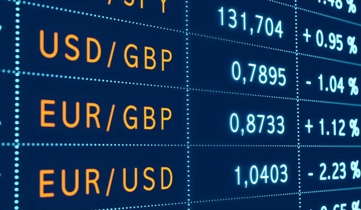 Currency exchange rates, US Dollar, Euro, British pound Japanese yen. Currency exchange rates on the monitor, US dollar, Euro, British pound, Japanese yen. EUR drops against USD. 3D illustration currency054s05 exchange rates