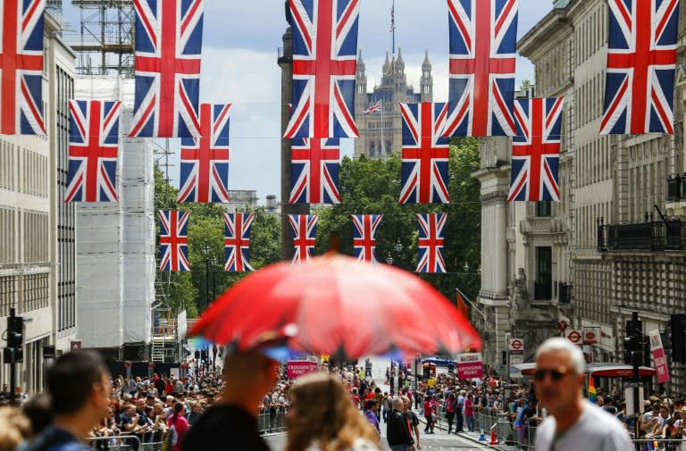 Union flag banners hang across a street near the Houses of Parliament in central London on June 25, 2016
