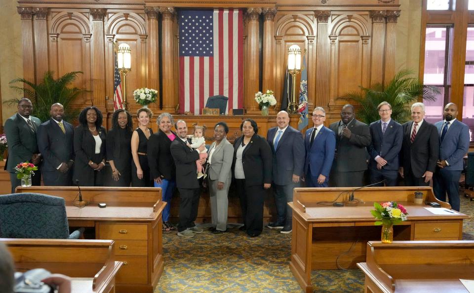 Milwaukee Common Council members pose for a photo after being sworn in in the Milwaukee Common Council chambers at Milwaukee City Hall in Milwaukee on Tuesday, April 16, 2024.