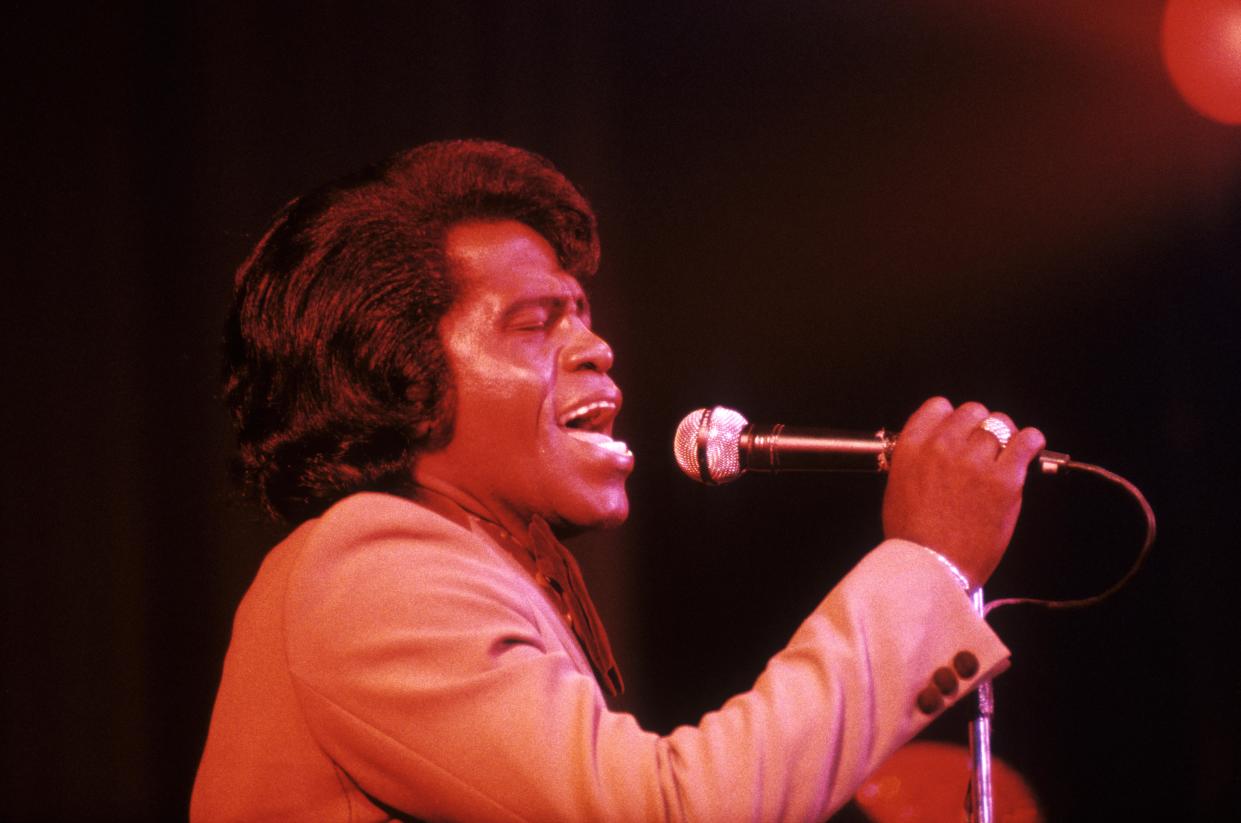 American soul singer and songwriter James Brown (1933-2006) performs live on stage at The Venue in London in September 1979. James Brown would go on to play 5 nights at the venue from 5th to 9th September 1979. (Photo by David Redfern/Redferns)