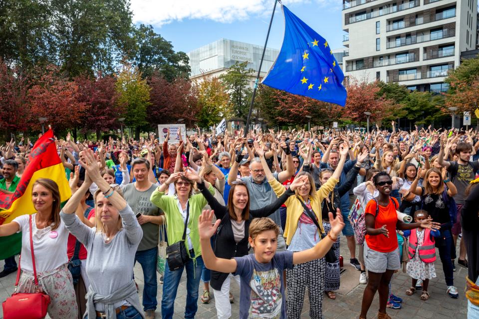 People take part in a demonstration for the climate called 'Act Now or Never' to raise awareness for climate change, organised by 'Rise for Climate Belgium', in on September 22, 2019 in Brussels. (Photo by HATIM KAGHAT / Belga / AFP) / Belgium OUT        (Photo credit should read HATIM KAGHAT/AFP/Getty Images)