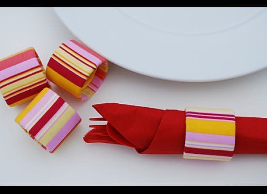 Believe it or not, these fantastic napkin rings are made from upcycled saran wrap tubes that have been wrapped fabric. Visit <a href="http://www.merrimentdesign.com/recycled-fabric-napkin-rings-from-saran-wrap-tubes.php" target="_hplink">Merriment Design</a> for the how-to.    Photo by Kathy Beymer