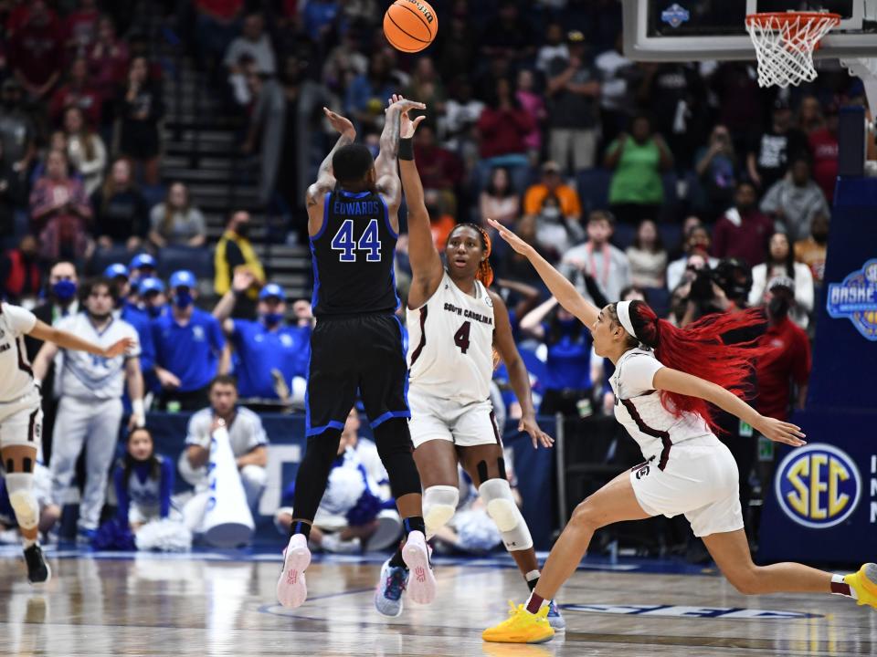 Kentucky forward Dre'una Edwards (44) fires off the 3-point shot to secure the win over South Carolina in the SEC championship game on Sunday in Nashville, Tenn.