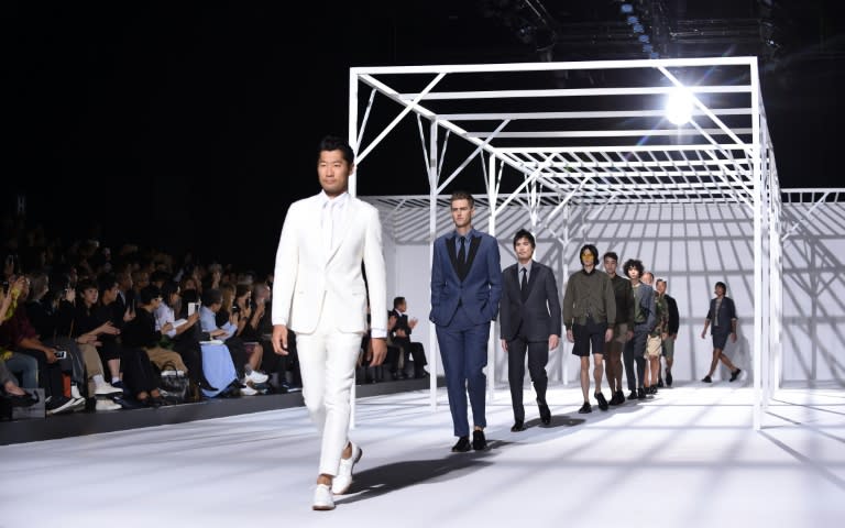 Models display creations by US designer Todd Snyder during the 2016 Spring/Summer Tokyo Fashion Week, on October 12, 2015