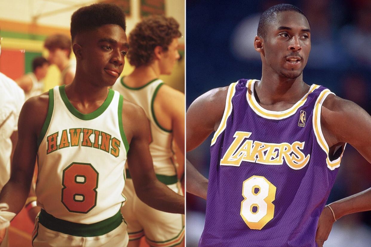 Stranger Things Caleb McLaughlin wearing #8 jersey for Kobe Bryant. Basketball: Los Angeles Lakers Kobe Bryant (8) on court during game vs Phoenix Suns, Phoenix, AZ 11/17/1996