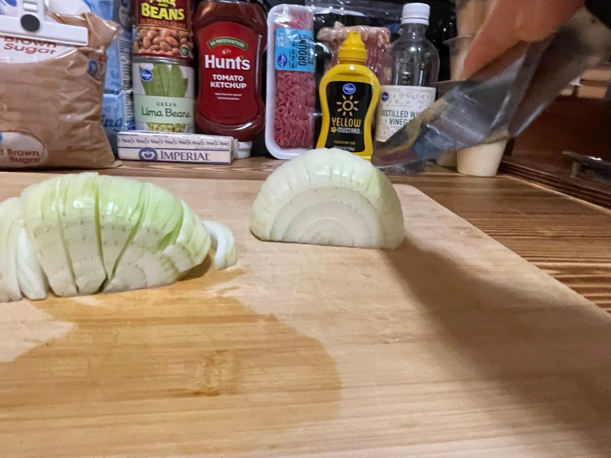 Changing the angle of the cut gives an even onion dice.