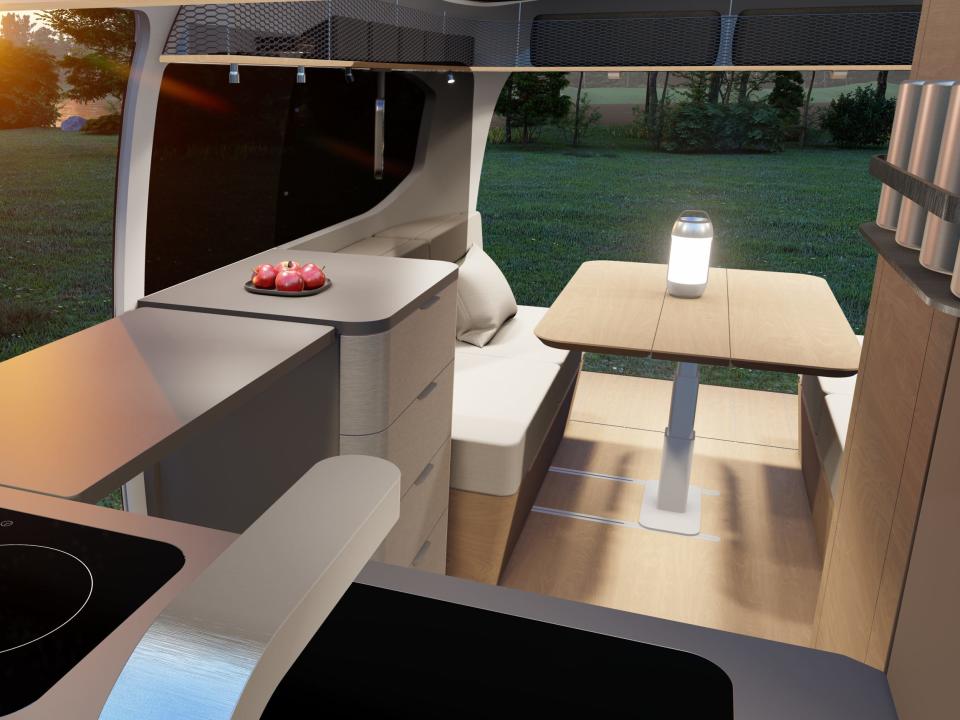 A rendering of the interior of the Airstream Studio F. A. Porsche Concept Travel Trailer.