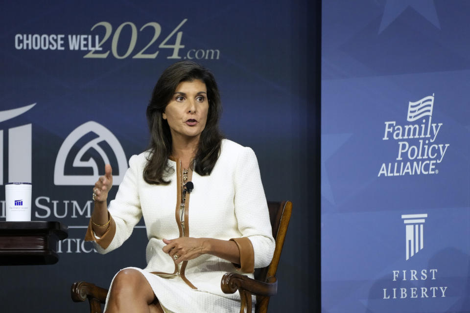 Republican presidential candidate former U.N. Ambassador Nikki Haley speaks during the Family Leadership Summit, Friday, July 14, 2023, in Des Moines, Iowa. (AP Photo/Charlie Neibergall)