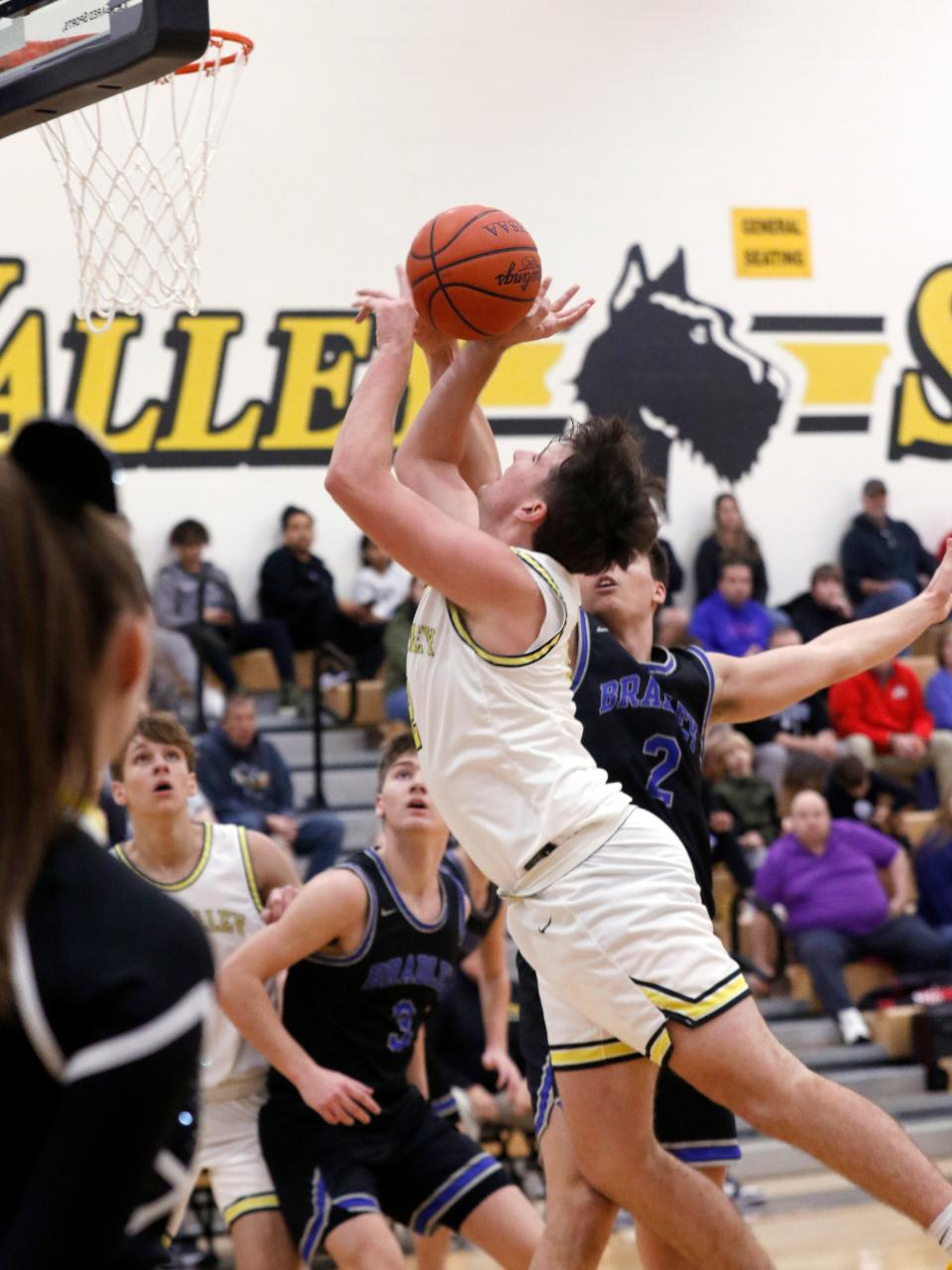 Max Lyall goes up for a shot during Tri-Valley's 73-50 loss to visiting Hilliard Bradley on Thursday night in Dresden.