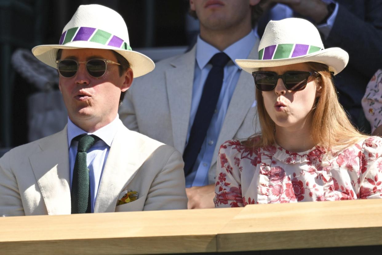 Edoardo Mapelli Mozzin and Princess Beatrice attend day 12 of the Wimbledon Tennis Championships at All England Lawn Tennis and Croquet Club on July 08, 2022 in London, England