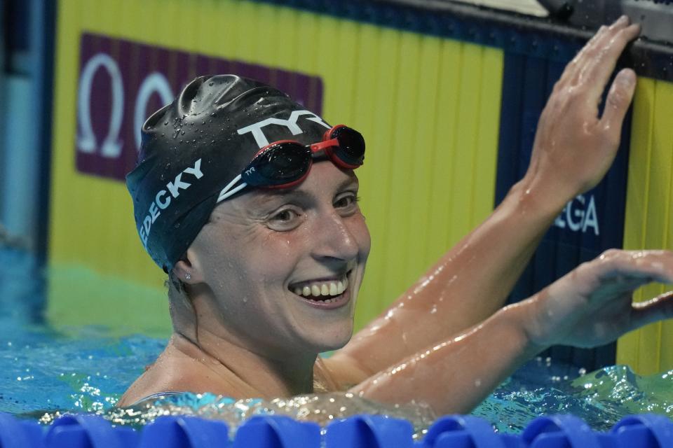 Katie Ledecky smiles after winning the women's 1500 freestyle during wave 2 of the U.S. Olympic Swim Trials on Wednesday, June 16, 2021, in Omaha, Neb. (AP Photo/Charlie Neibergall)