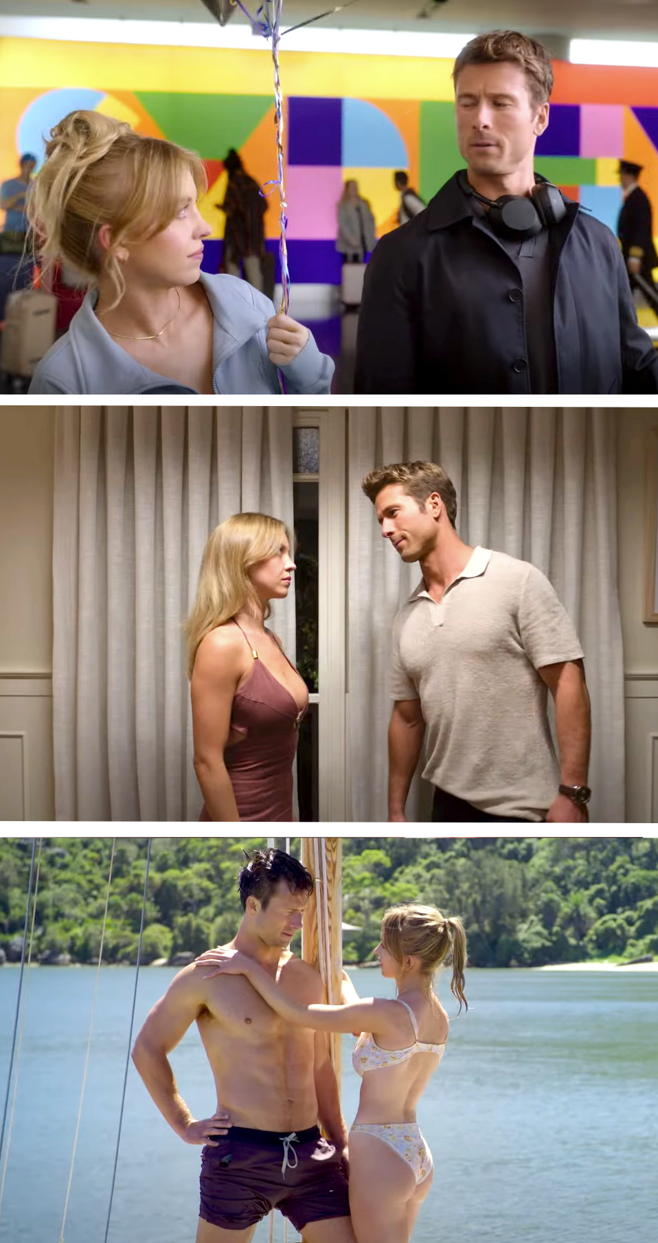 Sydney and Glen in scenes from the movie, including when they're both wearing bathing suits