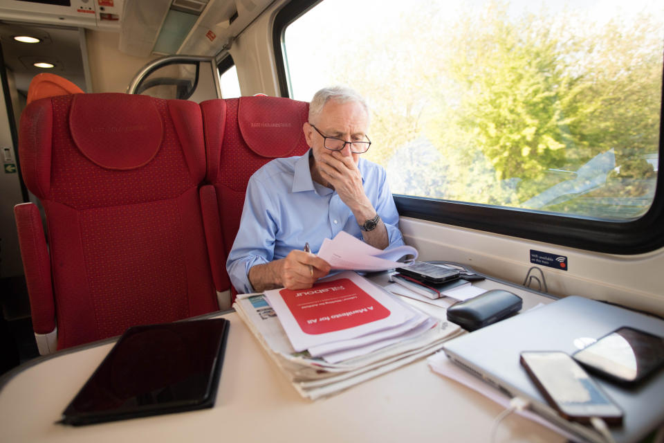 Labour leader, Jeremy Corbyn takes the train back to London after visiting Nottingham where he saw an 'eco bus' run by Nottingham City Transport � the city�s municipal bus company.