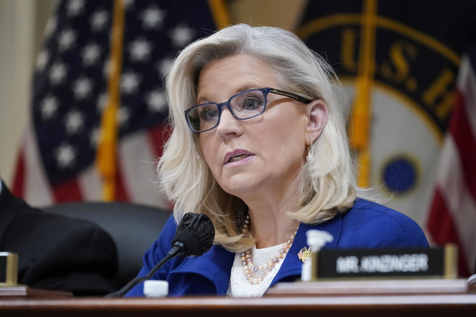 FILE - Vice Chair Liz Cheney, R-Wyo., speaks as the House select committee investigating the Jan. 6 attack on the U.S. Capitol, holds a hearing on Capitol Hill in Washington, Oct. 13, 2022. Cheney is crossing the aisle again with an endorsement of Abigail Spanberger, the Democratic incumbent in one of Virginia’s tightest U.S. House races. (AP Photo/J. Scott Applewhite, File)