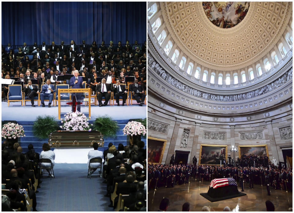 This combination photo shows former President Bill Clinton speaking at the funeral for Aretha Franklin in Detroit on Friday, Aug. 31, 2018, left, and the flag-draped casket of Sen. John McCain, R-Ariz., lies in state at the U.S. Capitol, Friday, Aug. 31, 2018 in Washington. CNN, Fox News Channel and MSNBC each tried to keep viewers caught up on people paying respect to McCain as his body was lying in state in the U.S. Capitol, as well as the lengthy service for the Queen of Soul. (AP Photo)