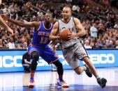 Jan 8, 2016; San Antonio, TX, USA; San Antonio Spurs point guard Tony Parker (right) drives to the basket around New York Knicks point guard Jerian Grant (13) during the first half at AT&T Center. Mandatory Credit: Soobum Im-USA TODAY Sports