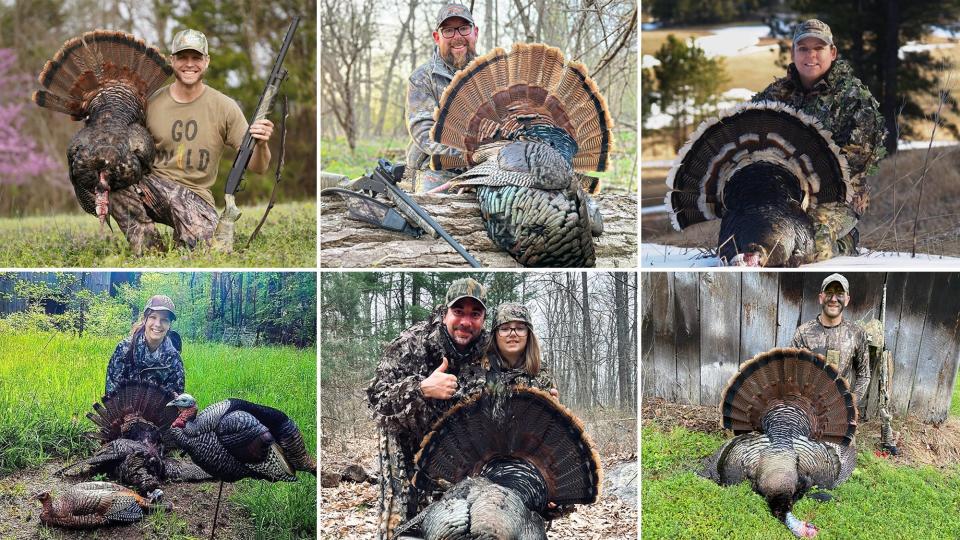 Collage of six turkey hunters, each one posing with a harvested tom turkey.