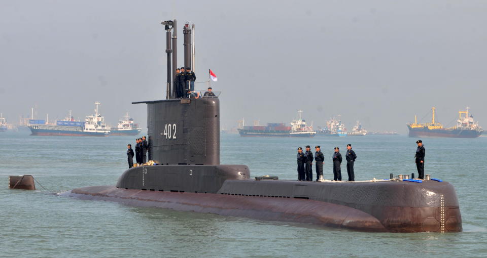 Indonesian Navy personnel are seen on the submarine KRI Nanggala-402 as they arrive in Surabaya, East Java province, Indonesia, in 2012.