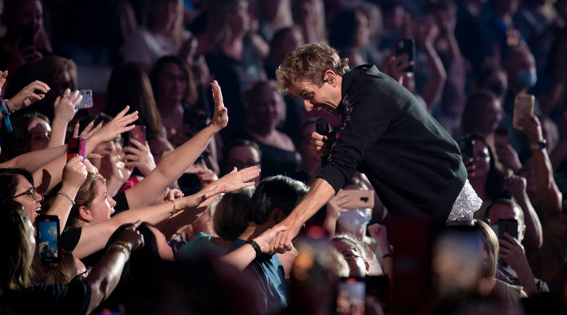 Joe McIntyre thanks fans as New Kids on the Block performs on the “Mixtape 2022 Tour” at Raleigh, N.C.’s PNC Arena, Friday night, July 22, 2022.