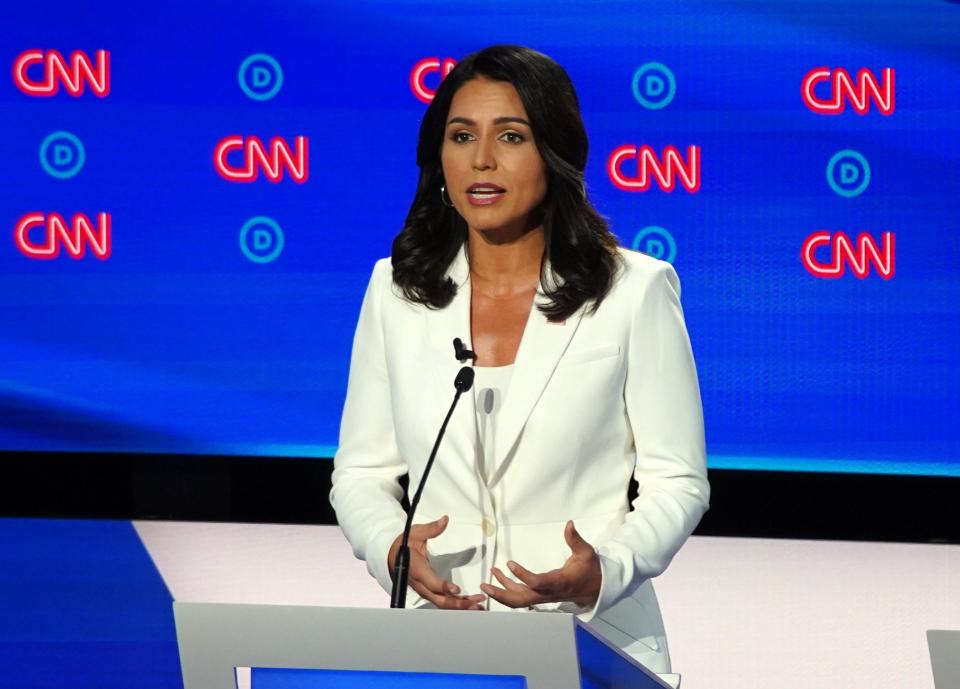 Democratic presidential candidate U.S. representative Tulsi Gabbard of Hawaii speaks during the second night of the Democratic presidential debates at the Fox Theatre in Detroit on Tuesday, July 31, 2019.